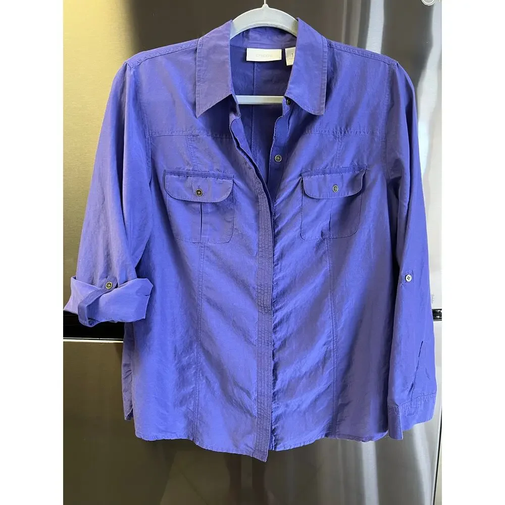 Chico’s Blouse Top Women’s 0 Silk Blend Button Up Long Sleeve Pockets Shirt